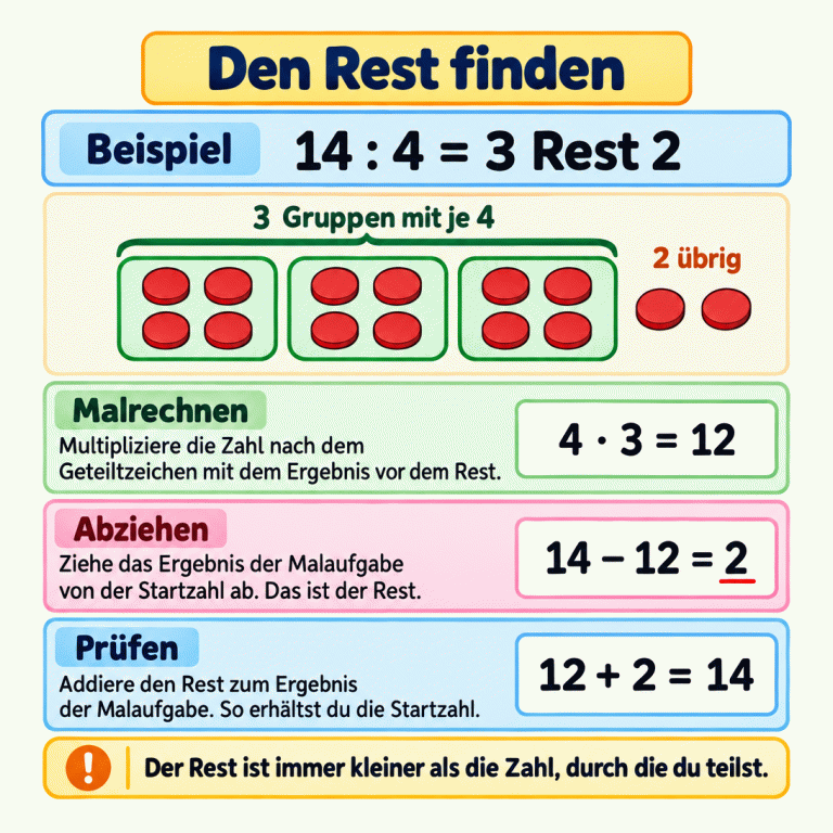 Erklärkarte zur Division mit Rest. Das Beispiel lautet: 14 geteilt durch 4 ergibt 3 Rest 2. Drei Gruppen mit je vier Plättchen und zwei übrige Plättchen zeigen die Aufteilung. Zuerst wird gerechnet: 4 mal 3 gleich 12. Dann: 14 minus 12 gleich 2. Die Probe lautet: 12 plus 2 gleich 14. Der Rest ist kleiner als die Zahl, durch die geteilt wird. Den Rest finden Malrechnen: Multipliziere die Zahl nach dem Geteiltzeichen mit dem Ergebnis vor dem Rest. Abziehen: Ziehe das Ergebnis der Malaufgabe von der Startzahl ab. Das ist der Rest. Prüfen: Addiere den Rest zum Ergebnis der Malaufgabe. So erhältst du die Startzahl. Der Rest ist immer kleiner als die Zahl, durch die du teilst. Beispiel 14 : 4 = 3 Rest 2 3 Gruppen mit je 4 2 übrig 4 · 3 = 12 14 − 12 = 2 12 + 2 = 14 !