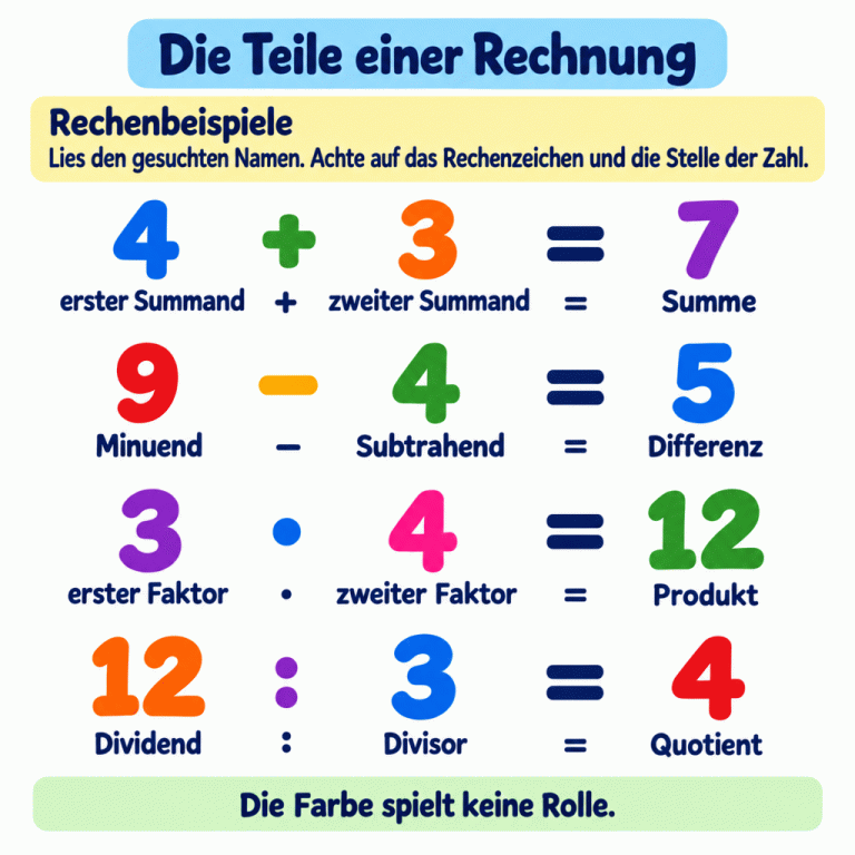 Vier Rechenbeispiele zeigen die Namen der Zahlen direkt darunter. Bei 4 plus 3 gleich 7 ist 4 der erste Summand, 3 der zweite Summand und 7 die Summe. Bei 9 minus 4 gleich 5 ist 9 der Minuend, 4 der Subtrahend und 5 die Differenz. Bei 3 mal 4 gleich 12 ist 3 der erste Faktor, 4 der zweite Faktor und 12 das Produkt. Bei 12 geteilt durch 3 gleich 4 ist 12 der Dividend, 3 der Divisor und 4 der Quotient. Achte auf das Rechenzeichen und die Stelle der Zahl, nicht auf ihre Farbe. Die Teile einer Rechnung Rechenbeispiele: Lies den gesuchten Namen. Achte auf das Rechenzeichen und die Stelle der Zahl. Die Farbe spielt keine Rolle. 4 + 3 = 7 erster Summand + zweiter Summand = Summe 9 − 4 = 5 Minuend − Subtrahend = Differenz 3 · 4 = 12 erster Faktor · zweiter Faktor = Produkt 12 : 3 = 4 Dividend : Divisor = Quotient