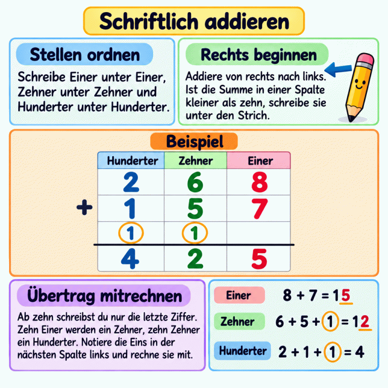 Eine schriftliche Addition zeigt als Beispiel: 268 plus 157 ergibt 425. Die Spalten heißen von links nach rechts Hunderter, Zehner und Einer. Gerechnet wird von rechts nach links. Acht plus sieben ergibt fünfzehn: Fünf bleibt bei den Einern, ein Zehner wird übertragen. Sechs plus fünf plus der Übertrag ergibt zwölf: Zwei bleibt bei den Zehnern, ein Hunderter wird übertragen. Zwei plus eins plus der Übertrag ergibt vier Hunderter. Schriftlich addieren Stellen ordnen: Schreibe Einer unter Einer, Zehner unter Zehner und Hunderter unter Hunderter. Rechts beginnen: Addiere von rechts nach links. Ist die Summe in einer Spalte kleiner als zehn, schreibe sie unter den Strich. Übertrag mitrechnen: Ab zehn schreibst du nur die letzte Ziffer. Zehn Einer werden ein Zehner, zehn Zehner ein Hunderter. Notiere die Eins in der nächsten Spalte links und rechne sie mit. Beispiel Hunderter Zehner Einer 268 157 + 1 425 8 + 7 = 15 6 + 5 + 1 = 12 2 + 1 + 1 = 4
