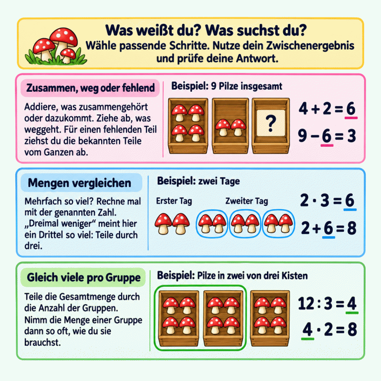 Drei frei gewählte Lehrbeispiele mit Pilzen zeigen passende Rechenschritte. Fehlender Teil: 4 und 2 ergeben 6; von insgesamt 9 fehlen noch 3. Zwei Tage: erst 2 Pilze, dann dreimal so viele, also 6; zusammen sind es 8. Gleich verteilen: 12 Pilze in 3 Kisten ergeben 4 pro Kiste; in 2 Kisten liegen 8. Jede zweite Rechnung verwendet das Ergebnis der ersten. Zusammen, weg oder fehlend: Addiere, was zusammengehört oder dazukommt. Ziehe ab, was weggeht. Für einen fehlenden Teil ziehst du die bekannten Teile vom Ganzen ab. Mengen vergleichen: Mehrfach so viel? Rechne mal mit der genannten Zahl. „Dreimal weniger“ meint hier ein Drittel so viel: Teile durch drei. Gleich viele pro Gruppe: Teile die Gesamtmenge durch die Anzahl der Gruppen. Nimm die Menge einer Gruppe dann so oft, wie du sie brauchst. Was weißt du? Was suchst du? Wähle passende Schritte. Nutze dein Zwischenergebnis und prüfe deine Antwort. Beispiel: 9 Pilze insgesamt ? 4 + 2 = 6 9 − 6 = 3 Beispiel: zwei Tage Erster Tag Zweiter Tag 2 · 3 = 6 2 + 6 = 8 Beispiel: Pilze in zwei von drei Kisten 12 : 3 = 4 4 · 2 = 8