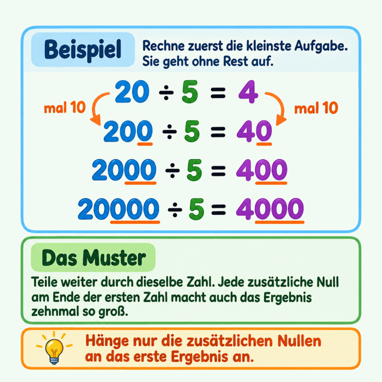 Eine Beispielreihe zeigt: 20 geteilt durch 5 ergibt 4, 200 geteilt durch 5 ergibt 40, 2000 geteilt durch 5 ergibt 400 und 20000 geteilt durch 5 ergibt 4000. Der Teiler bleibt gleich. Zwei Pfeile mit „mal 10“ zeigen beim ersten Übergang, dass die erste Zahl und das Ergebnis zehnmal so groß werden. Unterstrichen sind nur die zusätzlichen Endnullen. Die Null in 20 gehört bereits zur kleinen Grundaufgabe. Hänge nur die zusätzlichen Nullen an das erste Ergebnis an. Beispiel: Rechne zuerst die kleinste Aufgabe. Sie geht ohne Rest auf. Das Muster: Teile weiter durch dieselbe Zahl. Jede zusätzliche Null am Ende der ersten Zahl macht auch das Ergebnis zehnmal so groß. Hänge nur die zusätzlichen Nullen an das erste Ergebnis an. 20 ÷ 5 = 4 200 ÷ 5 = 40 2000 ÷ 5 = 400 20000 ÷ 5 = 4000 mal 10
