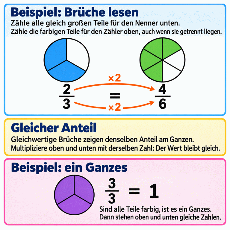 Lehrbeispiel mit zwei Kreisen: Zwei von drei und vier von sechs gleich großen Teilen sind farbig. Die Brüche zwei Drittel und vier Sechstel haben denselben Wert; Zähler und Nenner werden jeweils verdoppelt. Auch getrennt liegende farbige Teile werden mitgezählt. Ein vollständig gefärbter Kreis mit drei gleichen Teilen zeigt: drei Drittel sind ein Ganzes. Beispiel: Brüche lesen: Zähle alle gleich großen Teile für den Nenner unten. Zähle die farbigen Teile für den Zähler oben, auch wenn sie getrennt liegen. Gleicher Anteil: Gleichwertige Brüche zeigen denselben Anteil am Ganzen. Multipliziere oben und unten mit derselben Zahl: Der Wert bleibt gleich. Beispiel: ein Ganzes: Sind alle Teile farbig, ist es ein Ganzes. Dann stehen oben und unten gleiche Zahlen. 2 3 4 6 1 = ×2