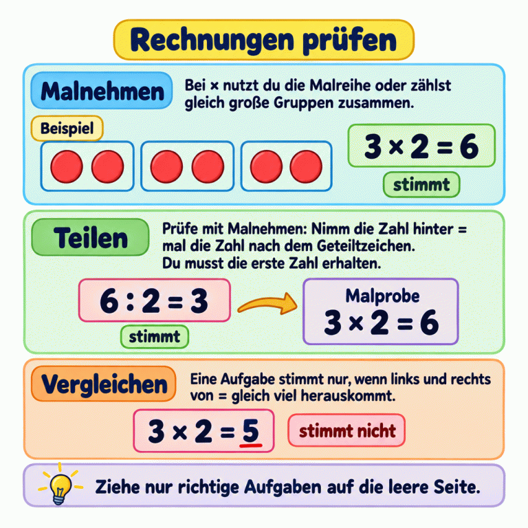 Drei Gruppen mit je zwei Plättchen zeigen das Lehrbeispiel 3 × 2 = 6. Die Geteiltaufgabe 6 : 2 = 3 wird mit der Malprobe 3 × 2 = 6 geprüft. Beide Aufgaben stimmen. 3 × 2 = 5 stimmt nicht, weil das Ergebnis sechs ist. Die Anleitung erklärt, wie du beide Rechenarten prüfst und nur richtige Aufgaben auf die leere Seite ziehst. Rechnungen prüfen Malnehmen: Bei × nutzt du die Malreihe oder zählst gleich große Gruppen zusammen. Teilen: Prüfe mit Malnehmen: Nimm die Zahl hinter = mal die Zahl nach dem Geteiltzeichen. Du musst die erste Zahl erhalten. Vergleichen: Eine Aufgabe stimmt nur, wenn links und rechts von = gleich viel herauskommt. Ziehe nur richtige Aufgaben auf die leere Seite. Beispiel 3 × 2 = 6 stimmt 6 : 2 = 3 Malprobe 3 × 2 = 5 stimmt nicht