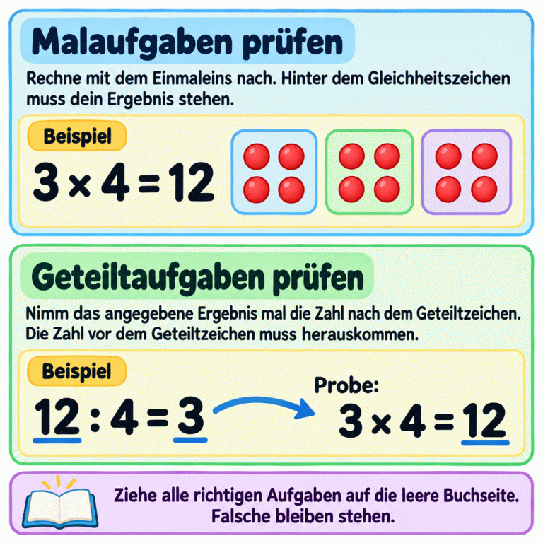 Ein Lehrbeispiel zeigt drei Gruppen mit je vier Punkten: Drei mal vier ergibt zwölf. Zwölf geteilt durch vier gleich drei wird mit drei mal vier gleich zwölf geprüft. Dabei stimmen die Anfangszahl der Geteilt-Aufgabe und das Ergebnis der Malprobe überein. Nur richtig gelöste Aufgaben werden auf die leere Buchseite gezogen; falsche bleiben stehen. Malaufgaben prüfen: Rechne mit dem Einmaleins nach. Hinter dem Gleichheitszeichen muss dein Ergebnis stehen. Geteiltaufgaben prüfen: Nimm das angegebene Ergebnis mal die Zahl nach dem Geteiltzeichen. Die Zahl vor dem Geteiltzeichen muss herauskommen. Ziehe alle richtigen Aufgaben auf die leere Buchseite. Falsche bleiben stehen. Beispiel 3 × 4 = 12 12 : 4 = 3 Probe: