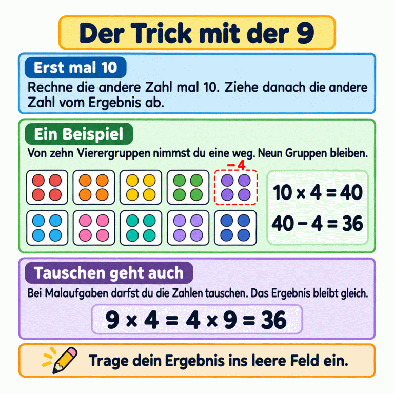 Der Trick mit der 9: Rechne die andere Zahl erst mal 10 und ziehe danach diese Zahl vom Ergebnis ab. Das Beispiel zeigt zehn Gruppen mit je vier Plättchen. Eine Vierergruppe wird weggenommen; neun Gruppen mit zusammen 36 Plättchen bleiben. Die Rechnungen lauten 10 × 4 = 40 und 40 − 4 = 36. Beim Tauschen der Zahlen bleibt das Ergebnis gleich: 9 × 4 = 4 × 9 = 36. Trage das Ergebnis deiner eigenen Aufgabe ins leere Feld ein. Der Trick mit der 9 Erst mal 10: Rechne die andere Zahl mal 10. Ziehe danach die andere Zahl vom Ergebnis ab. Ein Beispiel: Von zehn Vierergruppen nimmst du eine weg. Neun Gruppen bleiben. Tauschen geht auch: Bei Malaufgaben darfst du die Zahlen tauschen. Das Ergebnis bleibt gleich. Trage dein Ergebnis ins leere Feld ein. 10 × 4 = 40 40 − 4 = 36 − 4 9 × 4 = 4 × 9 = 36