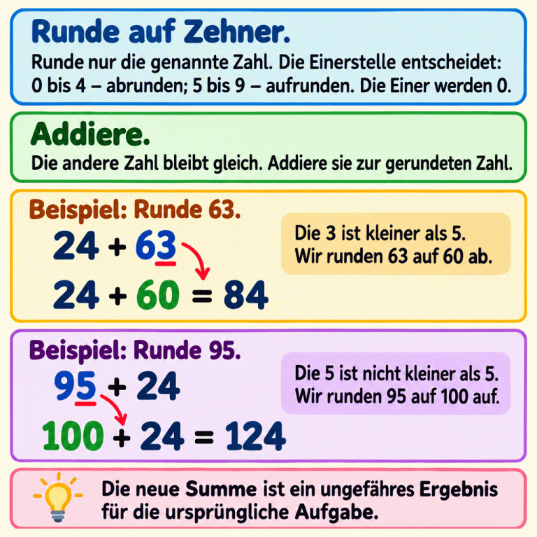 Nur die genannte Zahl wird auf Zehner gerundet: bei 0 bis 4 Einern ab, bei 5 bis 9 auf. Die Einer werden 0. Zwei Beispiele zeigen den Rechenweg: Aus 24 plus 63 wird 24 plus 60 gleich 84. Aus 95 plus 24 wird 100 plus 24 gleich 124. Die andere Zahl bleibt jeweils gleich. Die neue Summe ist ein ungefähres Ergebnis für die ursprüngliche Aufgabe. Runde auf Zehner.: Runde nur die genannte Zahl. Die Einerstelle entscheidet: 0 bis 4 – abrunden; 5 bis 9 – aufrunden. Die Einer werden 0. Addiere.: Die andere Zahl bleibt gleich. Addiere sie zur gerundeten Zahl. Die neue Summe ist ein ungefähres Ergebnis für die ursprüngliche Aufgabe. Beispiel: Runde 63. 24 + 63 24 + 60 = 84 Beispiel: Runde 95. 95 + 24 100 + 24 = 124 Die 3 ist kleiner als 5. Wir runden 63 auf 60 ab. Die 5 ist nicht kleiner als 5. Wir runden 95 auf 100 auf.