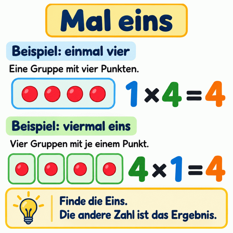 Zwei Lehrbeispiele zeigen das Malnehmen mit eins: Eine Gruppe mit vier Punkten gehört zu 1 × 4 = 4. Vier Gruppen mit je einem Punkt gehören zu 4 × 1 = 4. In beiden Fällen bleibt die andere Zahl gleich. Finde die Eins; die andere Zahl ist das Ergebnis. Mal eins Beispiel: einmal vier: Eine Gruppe mit vier Punkten. Beispiel: viermal eins: Vier Gruppen mit je einem Punkt. Finde die Eins. Die andere Zahl ist das Ergebnis. 1 × 4 = 4 4 × 1 = 4