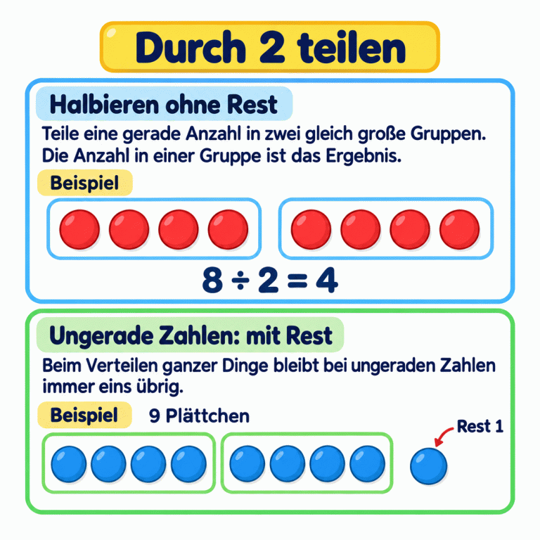 Erklärung zum Teilen durch 2. Im ersten Beispiel werden acht Plättchen in zwei Gruppen mit je vier Plättchen verteilt: 8 ÷ 2 = 4. Im zweiten Beispiel werden neun ganze Plättchen verteilt. Zwei Gruppen enthalten je vier Plättchen; ein Plättchen bleibt als Rest übrig. Gerade Zahlen gehen ohne Rest auf. Bei ungeraden Zahlen bleibt beim Verteilen ganzer Dinge ein Rest von eins. Durch 2 teilen Halbieren ohne Rest: Teile eine gerade Anzahl in zwei gleich große Gruppen. Die Anzahl in einer Gruppe ist das Ergebnis. Ungerade Zahlen: mit Rest: Beim Verteilen ganzer Dinge bleibt bei ungeraden Zahlen immer eins übrig. Beispiel 8 ÷ 2 = 4 9 Plättchen Rest 1
