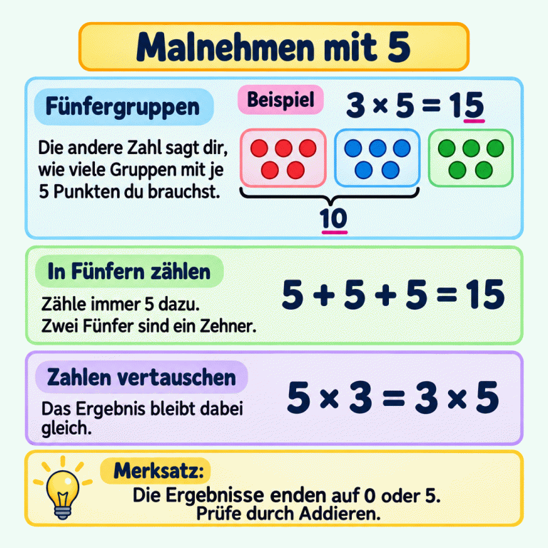 Beispiel zum Malnehmen mit 5: Drei Gruppen mit je fünf Punkten ergeben fünfzehn. Zwei Gruppen sind mit einer Klammer zu zehn Punkten zusammengefasst. Dazu stehen 3 × 5 = 15 und 5 + 5 + 5 = 15. Die Gleichung 5 × 3 = 3 × 5 zeigt, dass Vertauschen das Ergebnis nicht verändert. Der Merksatz erinnert an die Endziffern 0 oder 5 und an das Prüfen durch Addieren. Malnehmen mit 5 Fünfergruppen: Die andere Zahl sagt dir, wie viele Gruppen mit je 5 Punkten du brauchst. In Fünfern zählen: Zähle immer 5 dazu. Zwei Fünfer sind ein Zehner. Zahlen vertauschen: Das Ergebnis bleibt dabei gleich. Die Ergebnisse enden auf 0 oder 5. Prüfe durch Addieren. Beispiel 3 × 5 = 15 10 5 + 5 + 5 = 15 5 × 3 = 3 × 5 Merksatz: