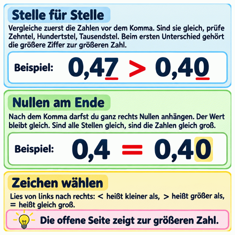 Drei Abschnitte erklären den Vergleich von Dezimalzahlen. Zuerst werden die Zahlen vor dem Komma verglichen, danach Zehntel, Hundertstel und Tausendstel. Im Beispiel ist 0,47 größer als 0,40; die entscheidenden Hundertstel sind markiert. Das zweite Beispiel zeigt: 0,4 und 0,40 sind gleich groß. Die angehängte Null ist hervorgehoben. < heißt kleiner als, > größer als und = gleich groß. Die offene Seite zeigt zur größeren Zahl. Stelle für Stelle: Vergleiche zuerst die Zahlen vor dem Komma. Sind sie gleich, prüfe Zehntel, Hundertstel, Tausendstel. Beim ersten Unterschied gehört die größere Ziffer zur größeren Zahl. Nullen am Ende: Nach dem Komma darfst du ganz rechts Nullen anhängen. Der Wert bleibt gleich. Sind alle Stellen gleich, sind die Zahlen gleich groß. Zeichen wählen: Lies von links nach rechts: < heißt kleiner als, > heißt größer als, = heißt gleich groß. Die offene Seite zeigt zur größeren Zahl. Beispiel: 0,47 > 0,40 0,4 =