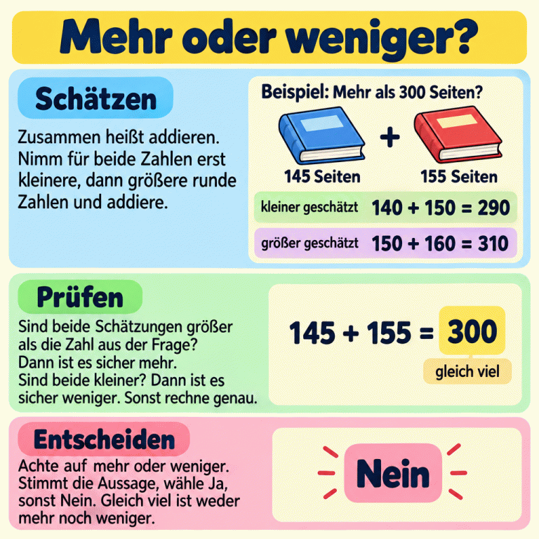 Die Lernkarte erklärt Schätzen, Prüfen und Entscheiden. Im Beispiel haben zwei Bücher 145 und 155 Seiten. Sind das mehr als 300 Seiten? Mit kleineren runden Zahlen ergibt sich 140 plus 150 gleich 290, mit größeren 150 plus 160 gleich 310. Die Vergleichszahl 300 liegt dazwischen, deshalb wird genau gerechnet: 145 plus 155 gleich 300. Das ist gleich viel und nicht mehr; die Beispielantwort lautet Nein. Sind beide Schätzungen größer als die Vergleichszahl, ist es sicher mehr; sind beide kleiner, sicher weniger. Gleich viel ist weder mehr noch weniger. Ja wird gewählt, wenn die Aussage stimmt, sonst Nein. Mehr oder weniger? Schätzen: Zusammen heißt addieren. Nimm für beide Zahlen erst kleinere, dann größere runde Zahlen und addiere. Prüfen: Sind beide Schätzungen größer als die Zahl aus der Frage? Dann ist es sicher mehr. Sind beide kleiner? Dann ist es sicher weniger. Sonst rechne genau. Entscheiden: Achte auf mehr oder weniger. Stimmt die Aussage, wähle Ja, sonst Nein. Gleich viel ist weder mehr noch weniger. Beispiel: Mehr als 300 Seiten? 145 Seiten + 155 Seiten kleiner geschätzt 140 + 150 = 290 größer geschätzt 150 + 160 = 310 145 + 155 = 300 gleich viel Nein