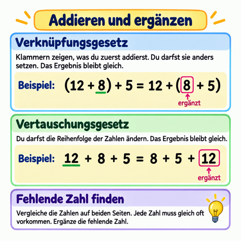 Zwei Beispiele zeigen die Rechengesetze der Addition. Beim Verknüpfungsgesetz gilt: (12 + 8) + 5 = 12 + (8 + 5). Die rechte 8 ist ergänzt. Beim Vertauschungsgesetz gilt: 12 + 8 + 5 = 8 + 5 + 12. Die rechte 12 ist ergänzt. Klammern oder Reihenfolge ändern sich, das Ergebnis bleibt gleich. Für die fehlende Zahl vergleichst du die Zahlen auf beiden Seiten: Jede Zahl muss gleich oft vorkommen. Addieren und ergänzen Verknüpfungsgesetz: Klammern zeigen, was du zuerst addierst. Du darfst sie anders setzen. Das Ergebnis bleibt gleich. Vertauschungsgesetz: Du darfst die Reihenfolge der Zahlen ändern. Das Ergebnis bleibt gleich. Fehlende Zahl finden: Vergleiche die Zahlen auf beiden Seiten. Jede Zahl muss gleich oft vorkommen. Ergänze die fehlende Zahl. Beispiel: (12 + 8) + 5 = 12 + (8 + 5) 12 + 8 + 5 = 8 + 5 + 12 ergänzt