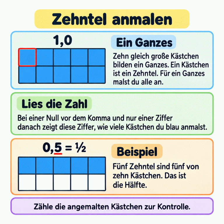 Zwei Felder bestehen jeweils aus zehn gleich großen Kästchen. Beim ganzen Feld mit der Zahl 1,0 sind alle Kästchen blau angemalt. Das gekennzeichnete Beispiel 0,5 = ½ zeigt fünf angemalte und fünf unbemalte Kästchen. Ein Kästchen ist ein Zehntel. Bei einer Null vor dem Komma und einer einzigen Ziffer danach bestimmt diese Ziffer, wie viele Kästchen anzumalen sind. Zehntel anmalen Ein Ganzes: Zehn gleich große Kästchen bilden ein Ganzes. Ein Kästchen ist ein Zehntel. Für ein Ganzes malst du alle an. Lies die Zahl: Bei einer Null vor dem Komma und nur einer Ziffer danach zeigt diese Ziffer, wie viele Kästchen du blau anmalst. Beispiel: Fünf Zehntel sind fünf von zehn Kästchen. Das ist die Hälfte. Zähle die angemalten Kästchen zur Kontrolle. 1,0 0,5 = ½