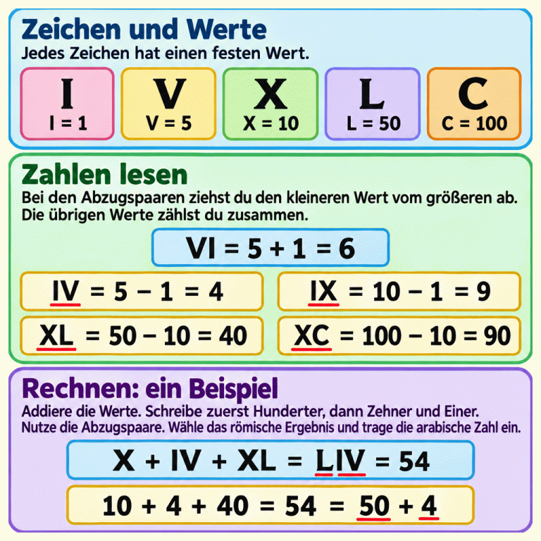 Merkhilfe für römische Zahlen: I hat den Wert 1, V den Wert 5, X den Wert 10, L den Wert 50 und C den Wert 100. Bei VI werden 5 und 1 zu 6 addiert. Die Abzugspaare sind IV: 5 minus 1 ergibt 4; IX: 10 minus 1 ergibt 9; XL: 50 minus 10 ergibt 40; XC: 100 minus 10 ergibt 90. Im Rechenbeispiel X plus IV plus XL werden 10, 4 und 40 addiert. Das ergibt 54. Aus 50 und 4 wird LIV. Beim römischen Ergebnis kommen zuerst Hunderter, dann Zehner und Einer. Wähle das römische Ergebnis und trage die arabische Zahl ein. Zeichen und Werte: Jedes Zeichen hat einen festen Wert. Zahlen lesen: Bei den Abzugspaaren ziehst du den kleineren Wert vom größeren ab. Die übrigen Werte zählst du zusammen. Rechnen: ein Beispiel: Addiere die Werte. Schreibe zuerst Hunderter, dann Zehner und Einer. Nutze die Abzugspaare. Wähle das römische Ergebnis und trage die arabische Zahl ein. I = 1 V = 5 X = 10 L = 50 C = 100 VI = 5 + 1 = 6 IV = 5 − 1 = 4 IX = 10 − 1 = 9 XL = 50 − 10 = 40 XC = 100 − 10 = 90 X + IV + XL = LIV = 54 10 + 4 + 40 = 54 = 50 + 4 I V X L C