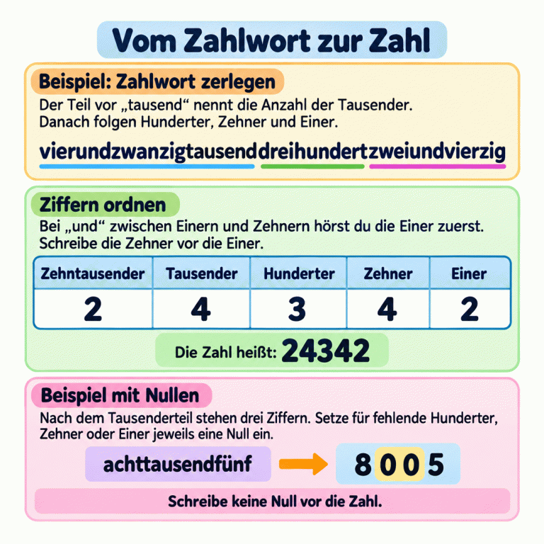Zahlwörter werden bei „tausend“ zerlegt. Das Beispiel vierundzwanzigtausenddreihundertzweiundvierzig wird in eine Stellenwerttafel eingetragen: Zehntausender 2, Tausender 4, Hunderter 3, Zehner 4, Einer 2. Daraus wird 24342. Verbindet „und“ Einer und Zehner, werden die Einer zuerst gesprochen, aber die Zehner zuerst geschrieben. Das zweite Beispiel achttausendfünf ergibt 8005. Die Nullen besetzen die fehlenden Hunderter und Zehner. Vor die Zahl kommt keine zusätzliche Null. Vom Zahlwort zur Zahl Beispiel: Zahlwort zerlegen: Der Teil vor „tausend“ nennt die Anzahl der Tausender. Danach folgen Hunderter, Zehner und Einer. Ziffern ordnen: Bei „und“ zwischen Einern und Zehnern hörst du die Einer zuerst. Schreibe die Zehner vor die Einer. Beispiel mit Nullen: Nach dem Tausenderteil stehen drei Ziffern. Setze für fehlende Hunderter, Zehner oder Einer jeweils eine Null ein. Schreibe keine Null vor die Zahl. vierundzwanzigtausenddreihundertzweiundvierzig Zehntausender Tausender Hunderter Zehner Einer 2 4 3 24342 achttausendfünf 8005 Die Zahl heißt: