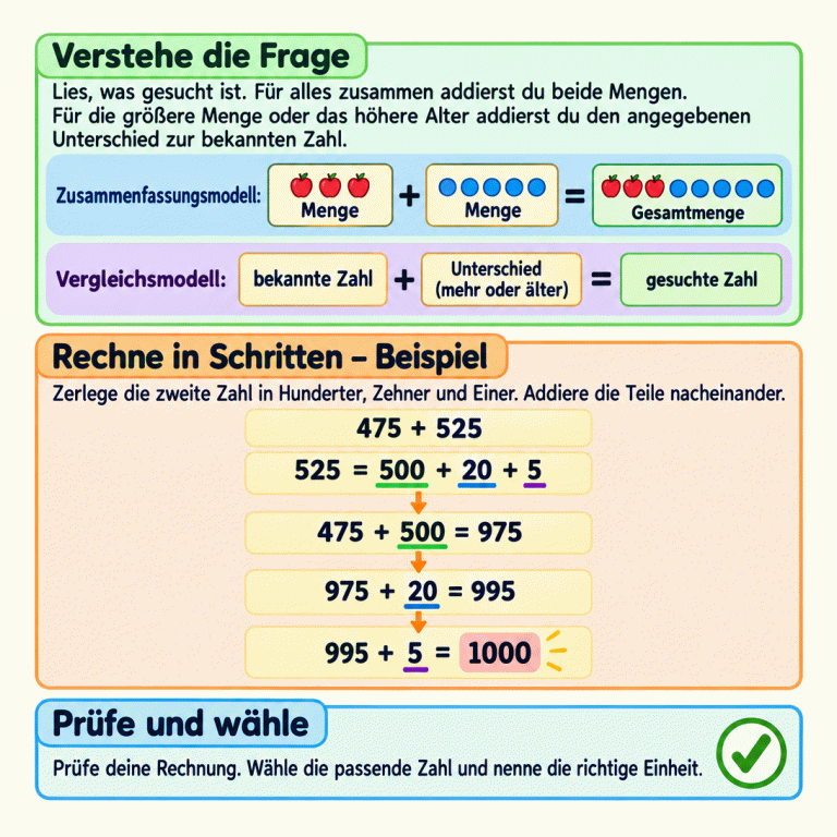 Quadratische Lernkarte mit drei Abschnitten. Zwei Mengen werden zur Gesamtmenge addiert. Bei gesuchter größerer Menge oder höherem Alter wird der Unterschied zur bekannten Zahl addiert. Ein ausdrücklich markiertes Beispiel zeigt 475 + 525. Die zweite Zahl wird in 500, 20 und 5 zerlegt. Der Rechenweg führt über 975 und 995 zu 1000. Abschließend sollen die Rechnung geprüft, die passende Zahl ausgewählt und die richtige Einheit genannt werden. Verstehe die Frage: Lies, was gesucht ist. Für alles zusammen addierst du beide Mengen. Für die größere Menge oder das höhere Alter addierst du den angegebenen Unterschied zur bekannten Zahl. Rechne in Schritten – Beispiel: Zerlege die zweite Zahl in Hunderter, Zehner und Einer. Addiere die Teile nacheinander. Prüfe und wähle: Prüfe deine Rechnung. Wähle die passende Zahl und nenne die richtige Einheit. Menge Gesamtmenge bekannte Zahl Unterschied (mehr oder älter) gesuchte Zahl + = 475 + 525 525 = 500 + 20 + 5 475 + 500 = 975 975 + 20 = 995 995 + 5 = 1000 Zusammenfassungsmodell: Vergleichsmodell: ✓