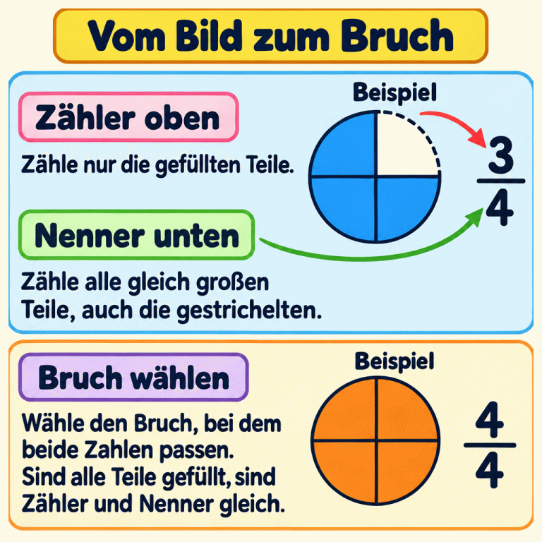 Drei von vier gleich großen Kreisstücken sind gefüllt, das vierte ist gestrichelt umrandet: Beispiel drei Viertel. Ein zweiter Kreis besteht aus vier gleich großen, vollständig gefüllten Teilen: Beispiel vier Viertel. Die Anleitung erklärt: Gefüllte Teile zählen für den Zähler oben, alle Teile für den Nenner unten. Beide Zahlen müssen zum Bild passen. Vom Bild zum Bruch Zähler oben: Zähle nur die gefüllten Teile. Nenner unten: Zähle alle gleich großen Teile, auch die gestrichelten. Bruch wählen: Wähle den Bruch, bei dem beide Zahlen passen. Sind alle Teile gefüllt, sind Zähler und Nenner gleich. Beispiel 3 4