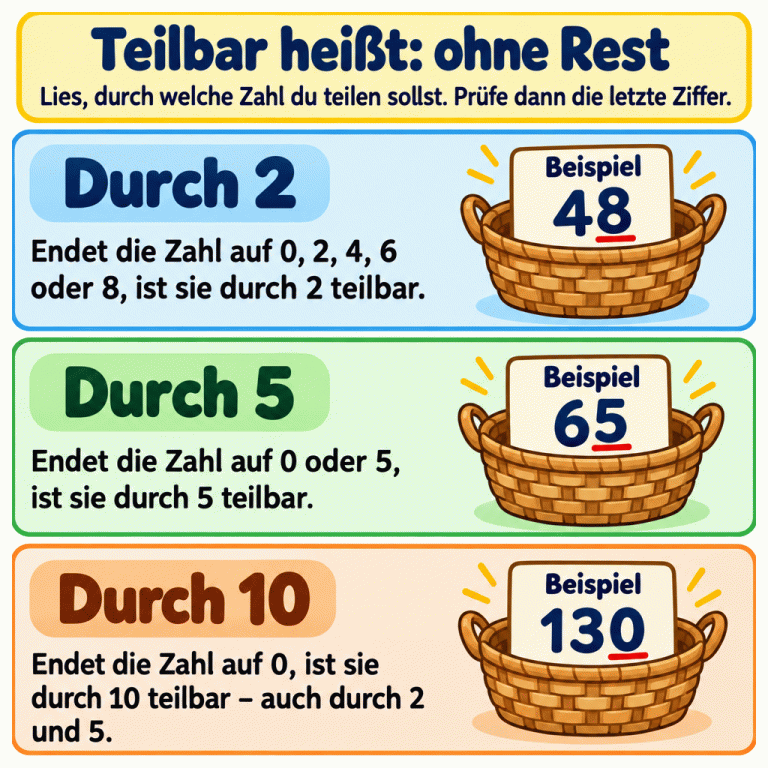 Die Karte erklärt Teilbarkeit ohne Rest anhand der letzten Ziffer. Durch 2: Endziffer 0, 2, 4, 6 oder 8, mit dem Beispiel 48. Durch 5: Endziffer 0 oder 5, mit dem Beispiel 65. Durch 10: Endziffer 0, mit dem Beispiel 130. Zahlen mit Endziffer 0 sind auch durch 2 und 5 teilbar. In jedem Beispiel ist die letzte Ziffer unterstrichen. Teilbar heißt: ohne Rest Durch 2: Endet die Zahl auf 0, 2, 4, 6 oder 8, ist sie durch 2 teilbar. Durch 5: Endet die Zahl auf 0 oder 5, ist sie durch 5 teilbar. Durch 10: Endet die Zahl auf 0, ist sie durch 10 teilbar – auch durch 2 und 5. Lies, durch welche Zahl du teilen sollst. Prüfe dann die letzte Ziffer. Beispiel 48 65 130