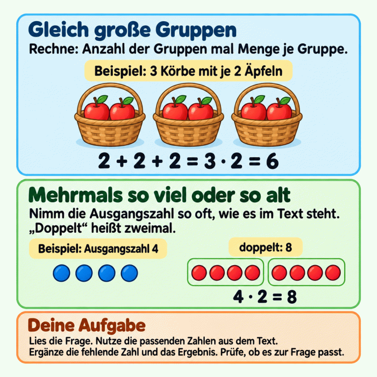 Zwei Beispiele zum Malrechnen: Drei Körbe enthalten je zwei Äpfel, insgesamt sechs. Zwei plus zwei plus zwei ist dasselbe wie drei mal zwei. Im zweiten Beispiel wird eine Ausgangsmenge von vier zweimal genommen. Zwei Gruppen mit je vier Zählpunkten ergeben acht: vier mal zwei ist acht. Das bedeutet doppelt. Bei „mehrmals so viel“ oder „mehrmals so alt“ nimmst du die Ausgangszahl entsprechend oft. Lies die Frage, nutze die passenden Zahlen aus dem Text, ergänze die fehlende Zahl und das Ergebnis und prüfe, ob es zur Frage passt. Gleich große Gruppen: Rechne: Anzahl der Gruppen mal Menge je Gruppe. Mehrmals so viel oder so alt: Nimm die Ausgangszahl so oft, wie es im Text steht. „Doppelt“ heißt zweimal. Deine Aufgabe: Lies die Frage. Nutze die passenden Zahlen aus dem Text. Ergänze die fehlende Zahl und das Ergebnis. Prüfe, ob es zur Frage passt. Beispiel: 3 Körbe mit je 2 Äpfeln 2 + 2 + 2 = 3 · 2 = 6 Beispiel: Ausgangszahl 4 doppelt: 8 4 · 2 = 8