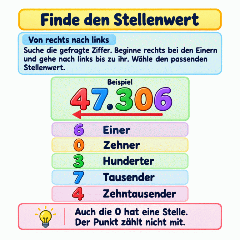 Bei der Beispielzahl 47.306 steht die 6 bei den Einern, die 0 bei den Zehnern, die 3 bei den Hundertern, die 7 bei den Tausendern und die 4 bei den Zehntausendern. Man beginnt rechts und geht nach links. Auch die 0 besetzt eine Stelle. Der Punkt zählt nicht mit. Finde den Stellenwert Von rechts nach links: Suche die gefragte Ziffer. Beginne rechts bei den Einern und gehe nach links bis zu ihr. Wähle den passenden Stellenwert. Auch die 0 hat eine Stelle. Der Punkt zählt nicht mit. Beispiel 47.306 6 Einer Zehner 3 Hunderter 7 Tausender 4 Zehntausender