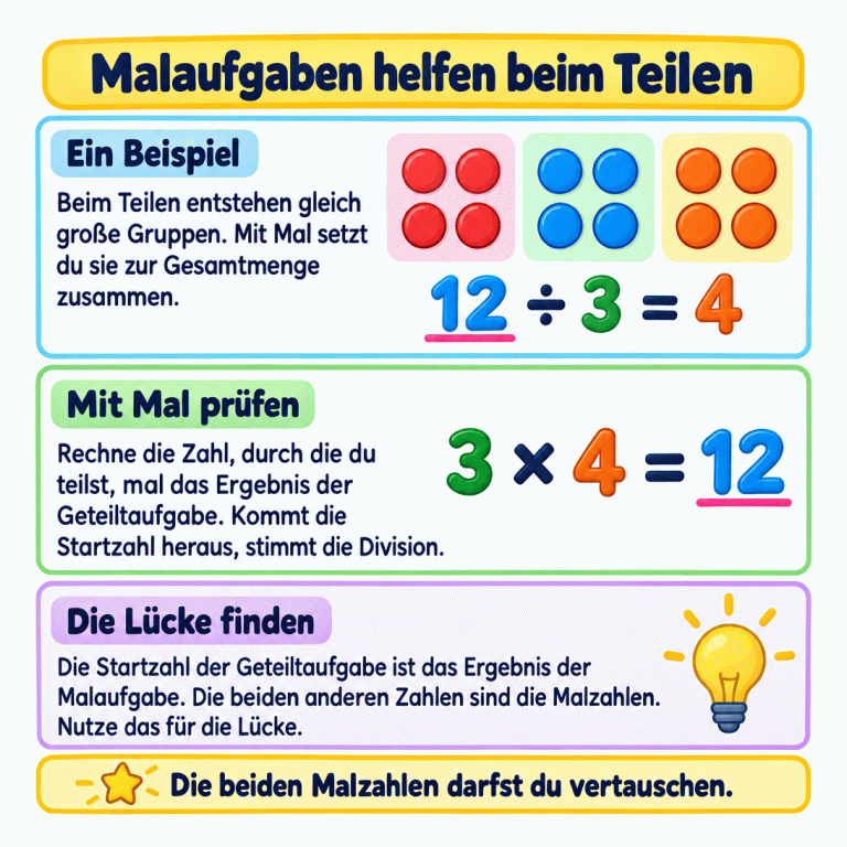 Ein Beispiel mit drei gleich großen Gruppen zu je vier Plättchen: 12 ÷ 3 = 4 und 3 × 4 = 12. Die Startzahl der Geteiltaufgabe ist das Ergebnis der Malaufgabe. Die beiden anderen Zahlen sind die Malzahlen; ihre Reihenfolge darf wechseln. Mit diesen Rollen findest du die fehlende Zahl und prüfst die Division. Malaufgaben helfen beim Teilen Ein Beispiel: Beim Teilen entstehen gleich große Gruppen. Mit Mal setzt du sie zur Gesamtmenge zusammen. Mit Mal prüfen: Rechne die Zahl, durch die du teilst, mal das Ergebnis der Geteiltaufgabe. Kommt die Startzahl heraus, stimmt die Division. Die Lücke finden: Die Startzahl der Geteiltaufgabe ist das Ergebnis der Malaufgabe. Die beiden anderen Zahlen sind die Malzahlen. Nutze das für die Lücke. Die beiden Malzahlen darfst du vertauschen. 12 ÷ 3 = 4 3 × 4 = 12