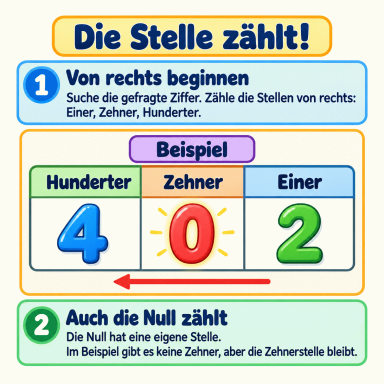 Ein Stellenwertplan zeigt das Beispiel 402. Links steht die 4 bei Hunderter, in der Mitte die 0 bei Zehner und rechts die 2 bei Einer. Die Stellen werden von rechts gezählt: Einer, Zehner, Hunderter. Die Null hat eine eigene Stelle, obwohl es im Beispiel keine Zehner gibt. Die Stelle zählt! Von rechts beginnen: Suche die gefragte Ziffer. Zähle die Stellen von rechts: Einer, Zehner, Hunderter. Auch die Null zählt: Die Null hat eine eigene Stelle. Im Beispiel gibt es keine Zehner, aber die Zehnerstelle bleibt. Beispiel Hunderter Zehner Einer 4 2 1 2