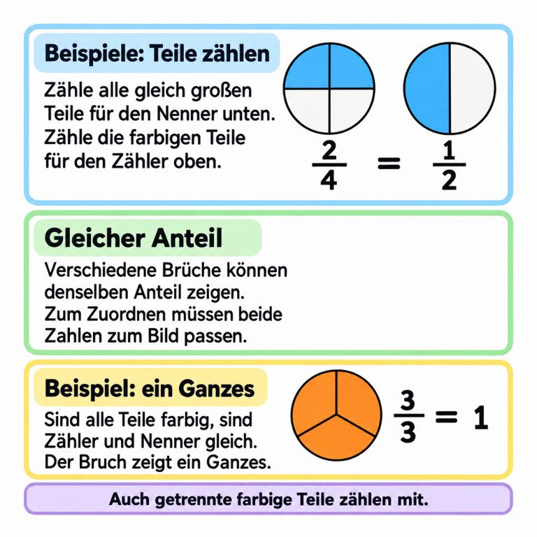 Drei Kreise als Lehrbeispiele. Zwei von vier gleich großen Teilen sind farbig: zwei Viertel. Einer von zwei Teilen ist farbig: eine Hälfte. Diese Brüche sind gleichwertig. Der dritte Kreis hat drei gleich große, vollständig gefärbte Teile: drei Drittel sind ein Ganzes. Alle Teile werden für den Nenner unten gezählt, die farbigen für den Zähler oben, auch wenn sie nicht nebeneinanderliegen. Beispiele: Teile zählen: Zähle alle gleich großen Teile für den Nenner unten. Zähle die farbigen Teile für den Zähler oben. Gleicher Anteil: Verschiedene Brüche können denselben Anteil zeigen. Zum Zuordnen müssen beide Zahlen zum Bild passen. Beispiel: ein Ganzes: Sind alle Teile farbig, sind Zähler und Nenner gleich. Der Bruch zeigt ein Ganzes. Auch getrennte farbige Teile zählen mit. 2/4 1/2 = 3/3 1
