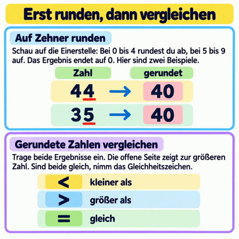 Lernkarte zum Runden auf Zehner und anschließenden Vergleichen. Die Einerstelle entscheidet: 0 bis 4 abrunden, 5 bis 9 aufrunden. Zwei ausdrücklich benannte Beispiele zeigen: 44 wird zu 40 abgerundet und 35 zu 40 aufgerundet. Die Einerziffern 4 und 5 sind unterstrichen. Beide Ergebnisse sind gleich. Darunter erklärt eine Legende die Zeichen für kleiner als, größer als und gleich. Die offene Seite der Kleiner- und Größerzeichen zeigt zur größeren Zahl. Erst runden, dann vergleichen Auf Zehner runden: Schau auf die Einerstelle: Bei 0 bis 4 rundest du ab, bei 5 bis 9 auf. Das Ergebnis endet auf 0. Hier sind zwei Beispiele. Gerundete Zahlen vergleichen: Trage beide Ergebnisse ein. Die offene Seite zeigt zur größeren Zahl. Sind beide gleich, nimm das Gleichheitszeichen. Zahl gerundet 44 35 40 → < kleiner als > größer als = gleich