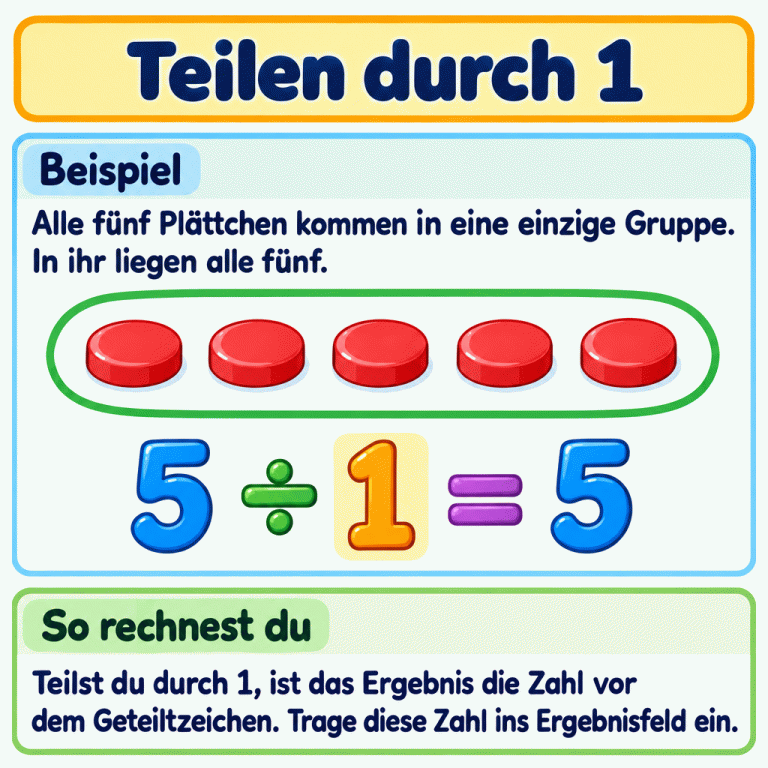 Fünf Plättchen liegen gemeinsam in einer einzigen Gruppe. Die Beispielrechnung lautet: fünf geteilt durch eins ist fünf. Beim Teilen durch eins bleibt die Ausgangszahl gleich. Die Zahl vor dem Geteiltzeichen wird als Ergebnis eingetragen. Teilen durch 1 Beispiel: Alle fünf Plättchen kommen in eine einzige Gruppe. In ihr liegen alle fünf. So rechnest du: Teilst du durch 1, ist das Ergebnis die Zahl vor dem Geteiltzeichen. Trage diese Zahl ins Ergebnisfeld ein. 5 ÷ 1 =