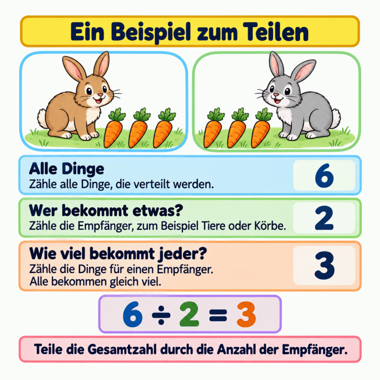 Ein Lehrbeispiel zeigt sechs Karotten für zwei Kaninchen. Jedes Kaninchen bekommt drei Karotten. Die Karte erklärt, zuerst alle Dinge, dann die Empfänger und die Dinge für einen Empfänger zu zählen. Gesamtzahl geteilt durch Empfängerzahl ergibt die Menge für jeden: 6 ÷ 2 = 3. Ein Beispiel zum Teilen Alle Dinge: Zähle alle Dinge, die verteilt werden. Wer bekommt etwas?: Zähle die Empfänger, zum Beispiel Tiere oder Körbe. Wie viel bekommt jeder?: Zähle die Dinge für einen Empfänger. Alle bekommen gleich viel. Teile die Gesamtzahl durch die Anzahl der Empfänger. 6 2 3 ÷ =