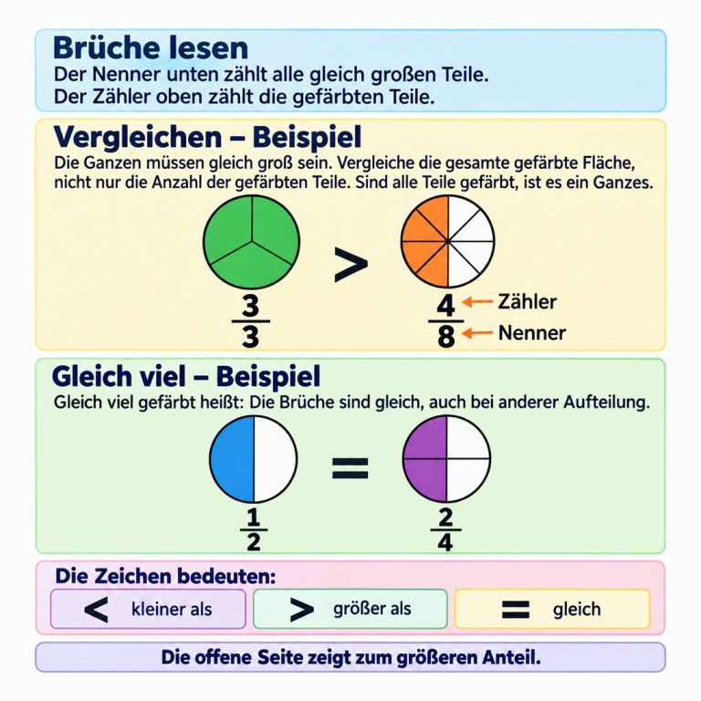Eine Lernkarte erklärt Zähler, Nenner und den Vergleich gefärbter Kreisflächen. Alle Ganzen sind gleich groß. Im ersten Lehrbeispiel sind drei von drei Teilen gefärbt und damit ein Ganzes; vier von acht gefärbten Teilen zeigen nur eine Hälfte. Drei Drittel sind deshalb größer als vier Achtel. Im zweiten Lehrbeispiel zeigen eine Hälfte und zwei Viertel gleich viel. Die Zeichen <, > und = bedeuten kleiner als, größer als und gleich. Die offene Seite zeigt zum größeren Anteil. Brüche lesen: Der Nenner unten zählt alle gleich großen Teile. Der Zähler oben zählt die gefärbten Teile. Vergleichen – Beispiel: Die Ganzen müssen gleich groß sein. Vergleiche die gesamte gefärbte Fläche, nicht nur die Anzahl der gefärbten Teile. Sind alle Teile gefärbt, ist es ein Ganzes. Gleich viel – Beispiel: Gleich viel gefärbt heißt: Die Brüche sind gleich, auch bei anderer Aufteilung. Die offene Seite zeigt zum größeren Anteil. 3/3 4/8 > 1/2 2/4 = < Zähler Nenner kleiner als größer als gleich Die Zeichen bedeuten: