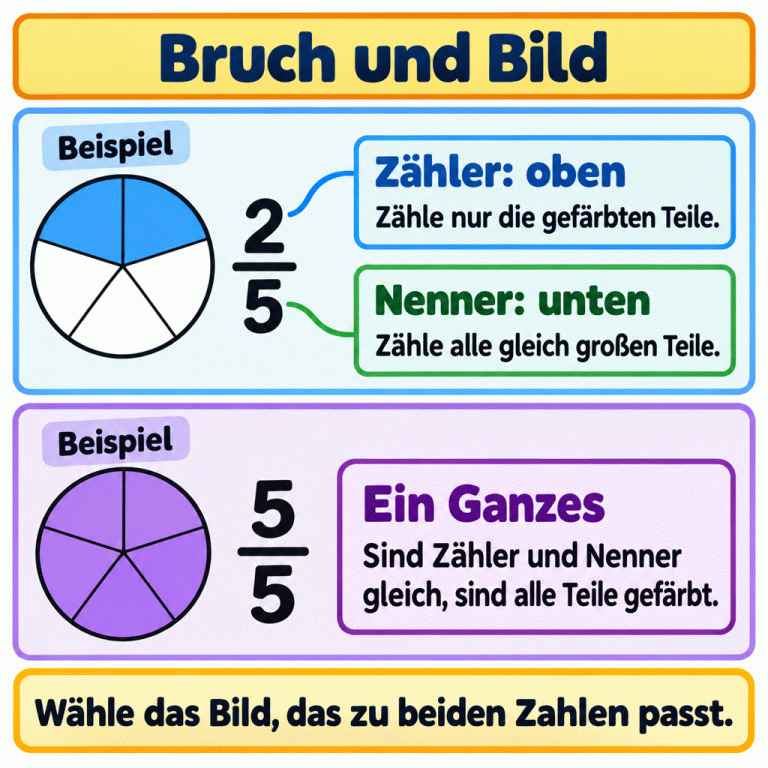 Der Zähler oben zählt die gefärbten Teile, der Nenner unten alle gleich großen Teile eines Kreises. Im Beispiel 2/5 sind zwei von fünf Teilen gefärbt. Im Beispiel 5/5 sind alle fünf Teile gefärbt: ein Ganzes. Das passende Bild muss mit beiden Zahlen übereinstimmen. Bruch und Bild Zähler: oben: Zähle nur die gefärbten Teile. Nenner: unten: Zähle alle gleich großen Teile. Ein Ganzes: Sind Zähler und Nenner gleich, sind alle Teile gefärbt. Wähle das Bild, das zu beiden Zahlen passt. Beispiel 2 5