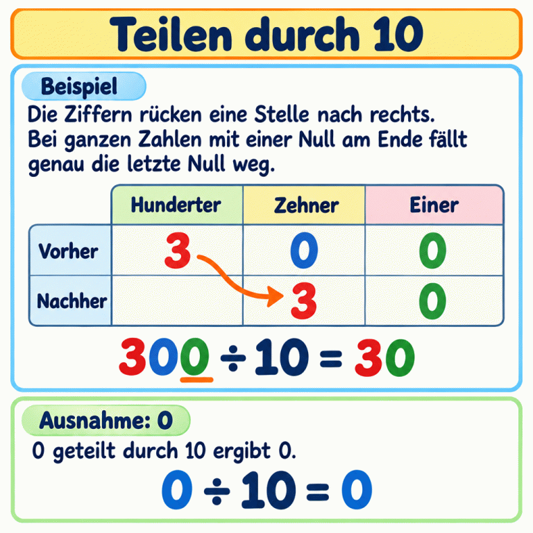Lernkarte zum Teilen durch 10. Im Beispiel wird aus 300 die Zahl 30. Die Stellenwerttafel zeigt: Die 3 wandert von der Hunderter- in die Zehnerspalte. Die 0 aus der Zehnerspalte wandert in die Einerspalte. Genau die letzte Null entfällt. Darunter steht der Sonderfall: 0 geteilt durch 10 ergibt 0. Teilen durch 10 Beispiel: Die Ziffern rücken eine Stelle nach rechts. Bei ganzen Zahlen mit einer Null am Ende fällt genau die letzte Null weg. Ausnahme: 0: 0 geteilt durch 10 ergibt 0. Hunderter Zehner Einer Vorher Nachher 3 300 ÷ 10 = 30 0 ÷ 10 = 0