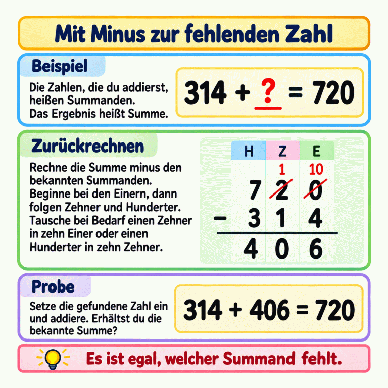 Rechenkarte zum fehlenden Summanden. Im Beispiel ergibt 314 plus eine fehlende Zahl 720. Ziehe den bekannten Summanden 314 von der Summe 720 ab. Die schriftliche Subtraktion zeigt Hunderter, Zehner und Einer. Ein Zehner wird in zehn Einer getauscht; danach stehen dort sieben Hunderter, ein Zehner und zehn Einer. Das Ergebnis ist 406, mit einer Null an der Zehnerstelle. Die Probe lautet: 314 plus 406 ergibt 720. Bei Bedarf lässt sich auch ein Hunderter in zehn Zehner tauschen. Der Rechenweg gilt unabhängig davon, welcher Summand fehlt. Mit Minus zur fehlenden Zahl Beispiel: Die Zahlen, die du addierst, heißen Summanden. Das Ergebnis heißt Summe. Zurückrechnen: Rechne die Summe minus den bekannten Summanden. Beginne bei den Einern, dann folgen Zehner und Hunderter. Tausche bei Bedarf einen Zehner in zehn Einer oder einen Hunderter in zehn Zehner. Probe: Setze die gefundene Zahl ein und addiere. Erhältst du die bekannte Summe? Es ist egal, welcher Summand fehlt. 314 720 406 ? + = − H Z E 1 10