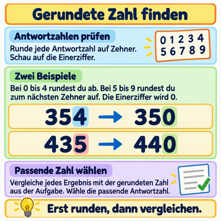 Lernkarte zum Finden der passenden ursprünglichen Zahl. Runde jede Antwortzahl auf Zehner und vergleiche mit dem vorgegebenen Ergebnis. Bei einer Einerziffer von 0 bis 4 wird abgerundet, bei 5 bis 9 aufgerundet. Die Einerziffer wird 0. Zwei Lehrbeispiele stehen untereinander: 354 wird zu 350 und 435 wird zu 440. Die entscheidenden Einerziffern 4 und 5 sind hervorgehoben. Wähle die Antwortzahl mit dem passenden Rundungsergebnis. Gerundete Zahl finden Antwortzahlen prüfen: Runde jede Antwortzahl auf Zehner. Schau auf die Einerziffer. Zwei Beispiele: Bei 0 bis 4 rundest du ab. Bei 5 bis 9 rundest du zum nächsten Zehner auf. Die Einerziffer wird 0. Passende Zahl wählen: Vergleiche jedes Ergebnis mit der gerundeten Zahl aus der Aufgabe. Wähle die passende Antwortzahl. Erst runden, dann vergleichen. 354 350 435 440 → 0 1 2 3 4 5 6 7 8 9 ✓