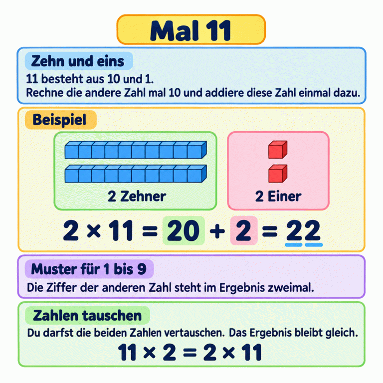 Mal 11: Rechne die andere Zahl mal 10 und addiere diese Zahl einmal dazu. Im Lehrbeispiel bestehen zwei Gruppen jeweils aus einem Zehnerstreifen mit zehn Feldern und einem Einerplättchen. Das sind zwei Zehner und zwei Einer: 2 × 11 = 20 + 2 = 22. Für die andere Zahl von 1 bis 9 steht ihre Ziffer im Ergebnis zweimal. Die Zahlen dürfen vertauscht werden: 11 × 2 = 2 × 11. Mal 11 Zehn und eins: 11 besteht aus 10 und 1. Rechne die andere Zahl mal 10 und addiere diese Zahl einmal dazu. Muster für 1 bis 9: Die Ziffer der anderen Zahl steht im Ergebnis zweimal. Zahlen tauschen: Du darfst die beiden Zahlen vertauschen. Das Ergebnis bleibt gleich. Beispiel 2 Zehner 2 Einer 2 × 11 = 20 + 2 = 22 11 × 2 = 2 × 11