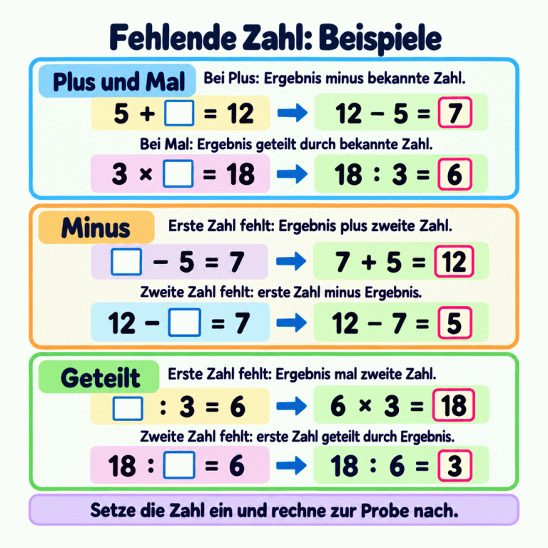 Sechs Beispiele zeigen links eine Aufgabe mit leerem Kästchen und rechts die passende Rückrechnung. Bei Plus rechnest du Ergebnis minus bekannte Zahl, bei Mal Ergebnis geteilt durch bekannte Zahl. Bei Minus gilt: Fehlt die erste Zahl, rechnest du Ergebnis plus zweite Zahl. Fehlt die zweite, rechnest du erste Zahl minus Ergebnis. Bei Geteilt gilt: Fehlt die erste Zahl, rechnest du Ergebnis mal zweite Zahl. Fehlt die zweite, rechnest du erste Zahl geteilt durch Ergebnis. Setze die gefundene Zahl ein und rechne zur Probe nach. Fehlende Zahl: Beispiele Plus und Mal: Bei Plus: Ergebnis minus bekannte Zahl.
Bei Mal: Ergebnis geteilt durch bekannte Zahl. Minus: Erste Zahl fehlt: Ergebnis plus zweite Zahl.
Zweite Zahl fehlt: erste Zahl minus Ergebnis. Geteilt: Erste Zahl fehlt: Ergebnis mal zweite Zahl.
Zweite Zahl fehlt: erste Zahl geteilt durch Ergebnis. Setze die Zahl ein und rechne zur Probe nach. 5 + □ = 12 12 − 5 = 7 3 × □ = 18 18 : 3 = 6 □ − 5 = 7 7 + 5 = 12 12 − □ = 7 12 − 7 = 5 □ : 3 = 6 6 × 3 = 18 18 : □ = 6 18 : 6 = 3