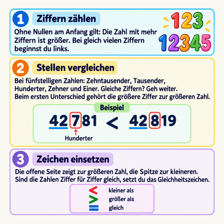 Lernkarte mit drei Schritten: Ziffern zählen, Stellen von links nach rechts vergleichen und das Zeichen einsetzen. Im Beispiel 42 781 < 42 819 stimmen die ersten beiden Stellen überein; die Hunderter 7 und 8 bilden den ersten Unterschied. Die Zeichenübersicht erklärt < als kleiner als, > als größer als und = als gleich. Die offene Seite zeigt zur größeren Zahl; bei Ziffer für Ziffer gleichen Zahlen wird das Gleichheitszeichen eingesetzt. Ziffern zählen: Ohne Nullen am Anfang gilt: Die Zahl mit mehr Ziffern ist größer. Bei gleich vielen Ziffern beginnst du links. Stellen vergleichen: Bei fünfstelligen Zahlen: Zehntausender, Tausender, Hunderter, Zehner und Einer. Gleiche Ziffern? Geh weiter. Beim ersten Unterschied gehört die größere Ziffer zur größeren Zahl. Zeichen einsetzen: Die offene Seite zeigt zur größeren Zahl, die Spitze zur kleineren. Sind die Zahlen Ziffer für Ziffer gleich, setzt du das Gleichheitszeichen. Beispiel 42 781 42 819 Hunderter < > = kleiner als größer als gleich 1 123 12345 2 3
