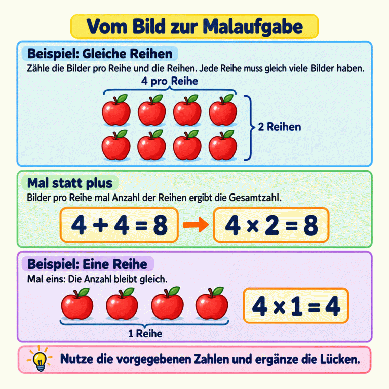 Lernkarte zur Multiplikation mit Bildern. Das erste gekennzeichnete Beispiel zeigt zwei Reihen mit je vier Äpfeln. Die Angaben „4 pro Reihe“ und „2 Reihen“ erklären die beiden Malzahlen. Dazu stehen „4 + 4 = 8“ und „4 × 2 = 8“: Beide Rechnungen ergeben die Anzahl aller acht Äpfel. Das zweite Beispiel zeigt eine einzige Reihe mit vier Äpfeln und „4 × 1 = 4“. Die Anleitung erklärt das Zählen gleich großer Reihen und erinnert daran, vorgegebene Zahlen zu nutzen und die Lücken zu ergänzen. Vom Bild zur Malaufgabe Beispiel: Gleiche Reihen: Zähle die Bilder pro Reihe und die Reihen. Jede Reihe muss gleich viele Bilder haben. Mal statt plus: Bilder pro Reihe mal Anzahl der Reihen ergibt die Gesamtzahl. Beispiel: Eine Reihe: Mal eins: Die Anzahl bleibt gleich. Nutze die vorgegebenen Zahlen und ergänze die Lücken. 4 pro Reihe 2 Reihen 4 + 4 = 8 4 × 2 = 8 1 Reihe 4 × 1 = 4