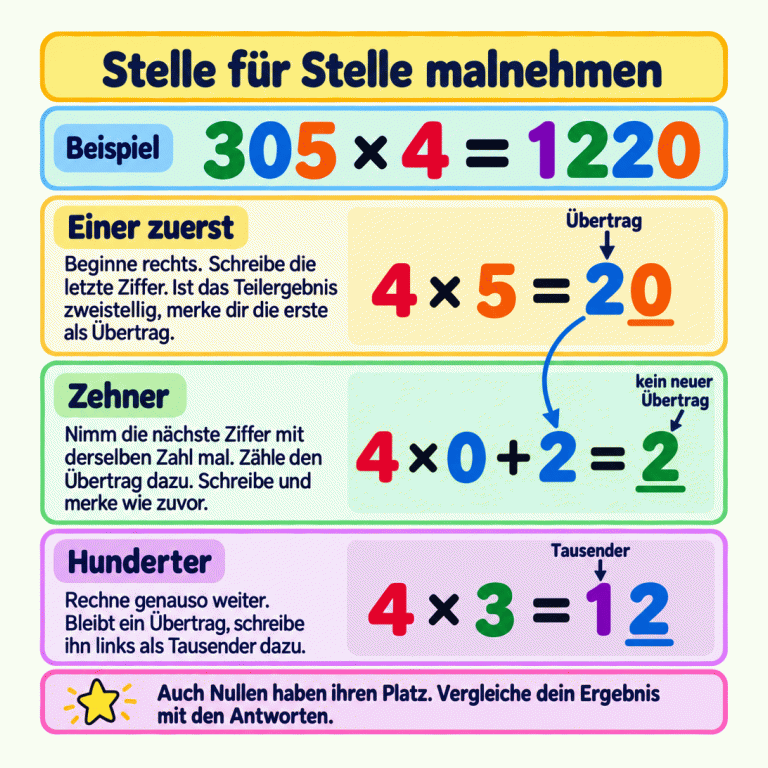 Das Lehrbeispiel 305 mal 4 ergibt 1220. Drei Abschnitte zeigen die Rechnung von rechts nach links: 4 mal 5 ergibt 20, also 0 Einer schreiben und 2 übertragen. 4 mal 0 plus 2 ergibt 2 Zehner, ohne neuen Übertrag. 4 mal 3 ergibt 12 Hunderter, also 1 Tausender und 2 Hunderter. Nullen bleiben erhalten. Anschließend wird das eigene Ergebnis mit den Antwortangeboten verglichen. Stelle für Stelle malnehmen Einer zuerst: Beginne rechts. Schreibe die letzte Ziffer. Ist das Teilergebnis zweistellig, merke dir die erste als Übertrag. Zehner: Nimm die nächste Ziffer mit derselben Zahl mal. Zähle den Übertrag dazu. Schreibe und merke wie zuvor. Hunderter: Rechne genauso weiter. Bleibt ein Übertrag, schreibe ihn links als Tausender dazu. Auch Nullen haben ihren Platz. Vergleiche dein Ergebnis mit den Antworten. Beispiel 305 × 4 = 1220 4 × 5 = 20 4 × 0 + 2 = 2 4 × 3 = 12 Übertrag kein neuer Übertrag Tausender