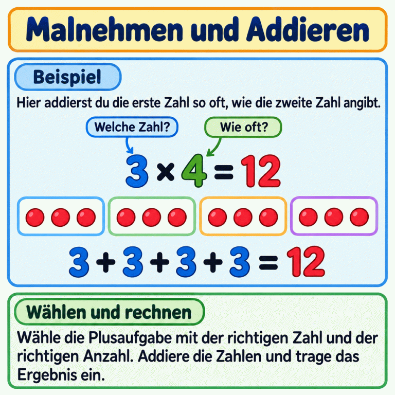 Ein Beispiel zeigt 3 × 4 = 12 und vier Gruppen mit je drei Punkten. Die passende Plusaufgabe lautet 3 + 3 + 3 + 3 = 12. Die erste Zahl wird wiederholt, die zweite sagt, wie oft. Zum Lösen prüfst du die Zahl und ihre Anzahl, wählst die passende Plusaufgabe, addierst und trägst das Ergebnis ein. Malnehmen und Addieren Beispiel: Hier addierst du die erste Zahl so oft, wie die zweite Zahl angibt. Wählen und rechnen: Wähle die Plusaufgabe mit der richtigen Zahl und der richtigen Anzahl. Addiere die Zahlen und trage das Ergebnis ein. 3 × 4 = 12 3 + 3 + 3 + 3 = 12 Welche Zahl? Wie oft?