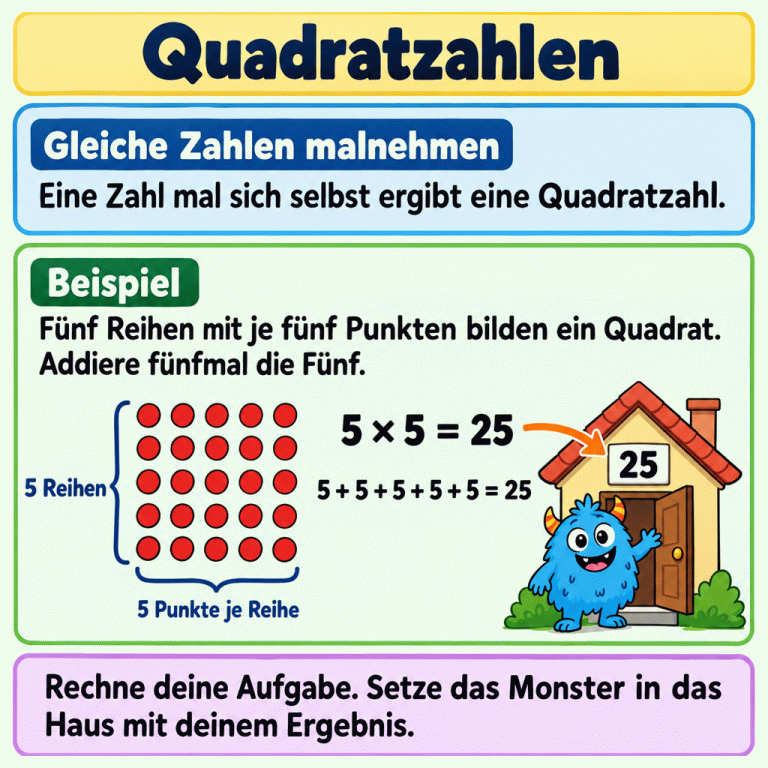 Eine Zahl mal sich selbst ergibt eine Quadratzahl. Im Beispiel bilden fünf Reihen mit je fünf Punkten ein Quadrat. Die Rechnungen lauten: 5 × 5 = 25 und 5 + 5 + 5 + 5 + 5 = 25. Das Monster ist im Beispiel dem Haus mit der Nummer 25 zugeordnet. Für deine Aufgabe wählst du das Haus mit deinem berechneten Ergebnis. Quadratzahlen Gleiche Zahlen malnehmen: Eine Zahl mal sich selbst ergibt eine Quadratzahl. Beispiel: Fünf Reihen mit je fünf Punkten bilden ein Quadrat. Addiere fünfmal die Fünf. Rechne deine Aufgabe. Setze das Monster in das Haus mit deinem Ergebnis. 5 Reihen 5 Punkte je Reihe 5 × 5 = 25 5 + 5 + 5 + 5 + 5 = 25 25