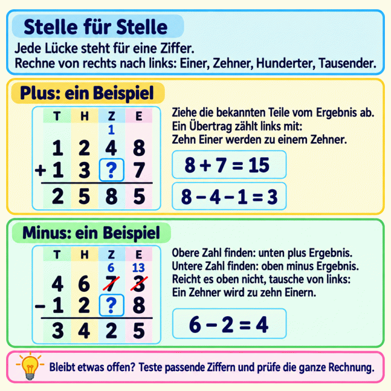 Eine Lernkarte erklärt das Ergänzen fehlender Ziffern von den Einern bis zu den Tausendern. Das Plus-Beispiel 1248 + 13?7 = 2585 zeigt einen Übertrag und die fehlende Ziffer 3. Das Minus-Beispiel 4673 − 12?8 = 3425 zeigt den Tausch eines Zehners in zehn Einer und die fehlende Ziffer 4. Dazu stehen passende Umkehraufgaben und die Aufforderung, die ganze Rechnung zu prüfen. Stelle für Stelle: Jede Lücke steht für eine Ziffer. Rechne von rechts nach links: Einer, Zehner, Hunderter, Tausender. Plus: ein Beispiel: Ziehe die bekannten Teile vom Ergebnis ab. Ein Übertrag zählt links mit: Zehn Einer werden zu einem Zehner. Minus: ein Beispiel: Obere Zahl finden: unten plus Ergebnis. Untere Zahl finden: oben minus Ergebnis. Reicht es oben nicht, tausche von links: Ein Zehner wird zu zehn Einern. Bleibt etwas offen? Teste passende Ziffern und prüfe die ganze Rechnung. T H Z E   1248
+ 13?7
  2585 1 8 + 7 = 15 8 − 4 − 1 = 3   4673
− 12?8
  3425 6 13 6 − 2 = 4