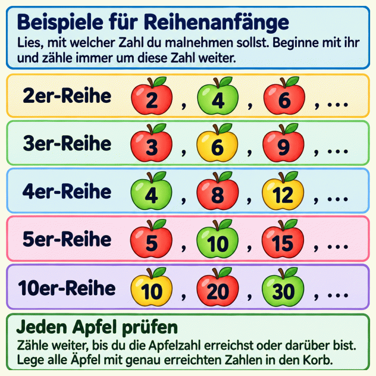 Die Zahl aus der Aufgabe bestimmt die Zählschritte. Zahlenäpfel zeigen Beispielanfänge: 2er-Reihe mit 2, 4, 6; 3er-Reihe mit 3, 6, 9; 4er-Reihe mit 4, 8, 12; 5er-Reihe mit 5, 10, 15; 10er-Reihe mit 10, 20, 30. Alle Reihen gehen weiter. Prüfe jede Apfelzahl durch Weiterzählen, bis sie erreicht oder überschritten wird. Sammle alle Äpfel mit genau erreichten Zahlen. Beispiele für Reihenanfänge: Lies, mit welcher Zahl du malnehmen sollst. Beginne mit ihr und zähle immer um diese Zahl weiter. Jeden Apfel prüfen: Zähle weiter, bis du die Apfelzahl erreichst oder darüber bist. Lege alle Äpfel mit genau erreichten Zahlen in den Korb. 2er-Reihe 2, 4, 6, … 3er-Reihe 3, 6, 9, … 4er-Reihe 4, 8, 12, … 5er-Reihe 5, 10, 15, … 10er-Reihe 10, 20, 30, …
