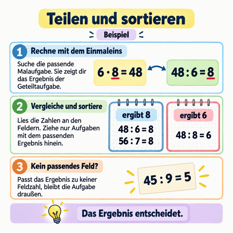 Ein Lehrbeispiel zeigt: 6 mal 8 ergibt 48, deshalb ergibt 48 geteilt durch 6 die Zahl 8. Die Aufgaben 48 geteilt durch 6 und 56 geteilt durch 7 gehören gemeinsam ins Beispielfeld „ergibt 8“. 48 geteilt durch 8 gehört ins Feld „ergibt 6“. 45 geteilt durch 9 ergibt 5 und passt zu keinem der beiden Felder. Diese Aufgabe bleibt draußen. Entscheidend ist immer das Ergebnis. Teilen und sortieren Rechne mit dem Einmaleins: Suche die passende Malaufgabe. Sie zeigt dir das Ergebnis der Geteiltaufgabe. Vergleiche und sortiere: Lies die Zahlen an den Feldern. Ziehe nur Aufgaben mit dem passenden Ergebnis hinein. Kein passendes Feld?: Passt das Ergebnis zu keiner Feldzahl, bleibt die Aufgabe draußen. Das Ergebnis entscheidet. Beispiel 6 · 8 = 48 48 : 6 = 8 ergibt 8 56 : 7 = 8 ergibt 6 48 : 8 = 6 45 : 9 = 5 1 2 3