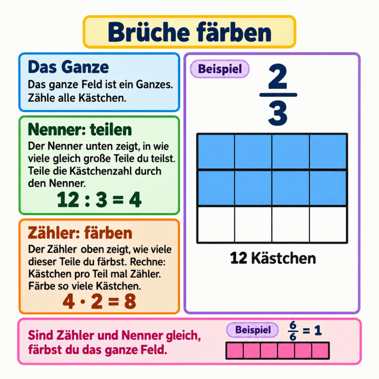 Im Beispiel zwei Drittel hat das ganze Feld zwölf gleich große Kästchen. Drei Reihen mit je vier Kästchen bilden drei gleich große Teile. Zwei Reihen, also acht Kästchen, sind markiert. Zuerst wird gerechnet: zwölf geteilt durch drei ergibt vier Kästchen pro Teil. Dann: vier mal zwei ergibt acht Kästchen zum Färben. Der Nenner steht unten, der Zähler oben. Ein zweites Beispiel zeigt sechs Sechstel: Alle sechs Kästchen seines Feldes sind markiert. Sechs Sechstel sind ein Ganzes. Brüche färben Das Ganze: Das ganze Feld ist ein Ganzes. Zähle alle Kästchen. Nenner: teilen: Der Nenner unten zeigt, in wie viele gleich große Teile du teilst. Teile die Kästchenzahl durch den Nenner. Zähler: färben: Der Zähler oben zeigt, wie viele dieser Teile du färbst. Rechne: Kästchen pro Teil mal Zähler. Färbe so viele Kästchen. Sind Zähler und Nenner gleich, färbst du das ganze Feld. Beispiel 2/3 12 Kästchen 12 : 3 = 4 4 · 2 = 8 6/6 = 1