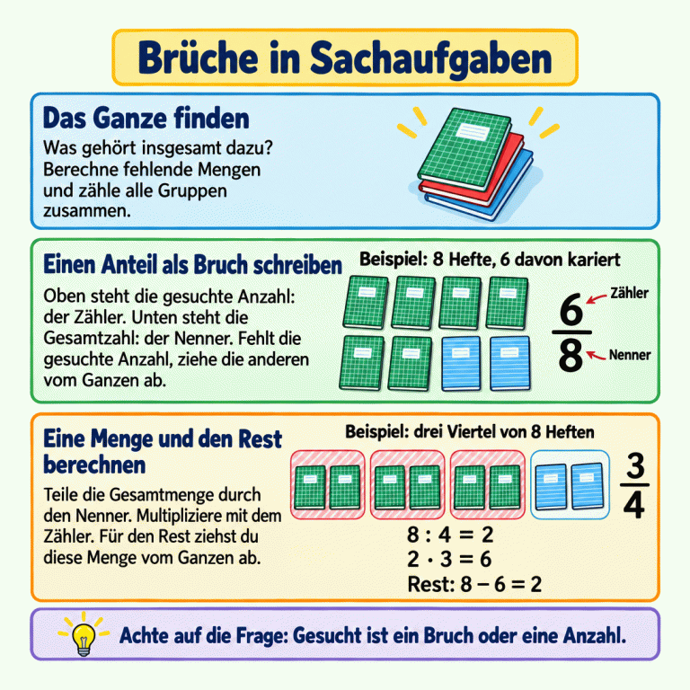 Brüche in Sachaufgaben: Bestimme zuerst das Ganze und berechne fehlende Gruppen. Ein Lehrbeispiel zeigt acht Hefte, davon sechs kariert. Ihr Anteil ist sechs Achtel: sechs steht oben als Zähler, acht unten als Nenner. Für drei Viertel von acht Heften werden vier gleich große Gruppen mit je zwei Heften gebildet. Acht geteilt durch vier ergibt zwei; zwei mal drei ergibt sechs. Der Rest ist acht minus sechs, also zwei Hefte. Prüfe, ob nach einem Bruch oder einer Anzahl gefragt wird. Brüche in Sachaufgaben Das Ganze finden: Was gehört insgesamt dazu? Berechne fehlende Mengen und zähle alle Gruppen zusammen. Einen Anteil als Bruch schreiben: Oben steht die gesuchte Anzahl: der Zähler. Unten steht die Gesamtzahl: der Nenner. Fehlt die gesuchte Anzahl, ziehe die anderen vom Ganzen ab. Eine Menge und den Rest berechnen: Teile die Gesamtmenge durch den Nenner. Multipliziere mit dem Zähler. Für den Rest ziehst du diese Menge vom Ganzen ab. Achte auf die Frage: Gesucht ist ein Bruch oder eine Anzahl. Beispiel: 8 Hefte, 6 davon kariert 6/8 Zähler Nenner Beispiel: drei Viertel von 8 Heften 3/4 8 : 4 = 2 2 · 3 = 6 Rest: 8 − 6 = 2