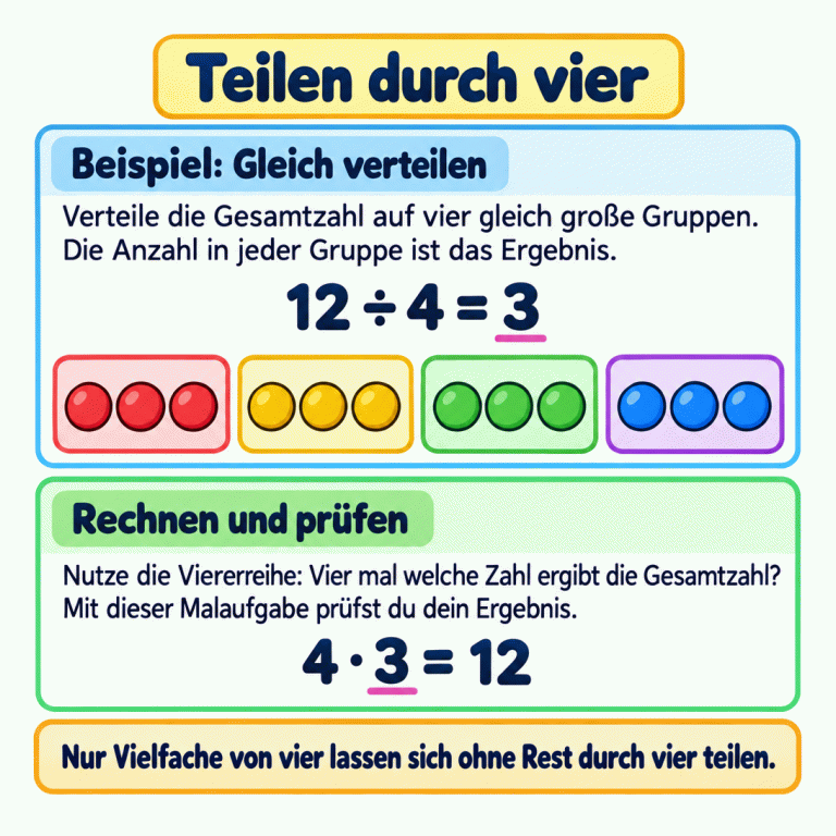 Beispiel zum Teilen durch vier: Zwölf Plättchen sind auf vier Gruppen mit je drei Plättchen verteilt. Die Rechnung lautet 12 ÷ 4 = 3. Die passende Malaufgabe 4 · 3 = 12 zeigt, wie man mit der Viererreihe rechnet und prüft. Das Ergebnis ist die Anzahl pro Gruppe. Nur Vielfache von vier lassen sich ohne Rest durch vier teilen. Teilen durch vier Beispiel: Gleich verteilen: Verteile die Gesamtzahl auf vier gleich große Gruppen. Die Anzahl in jeder Gruppe ist das Ergebnis. Rechnen und prüfen: Nutze die Viererreihe: Vier mal welche Zahl ergibt die Gesamtzahl? Mit dieser Malaufgabe prüfst du dein Ergebnis. Nur Vielfache von vier lassen sich ohne Rest durch vier teilen. 12 ÷ 4 = 3 4 · 3 = 12