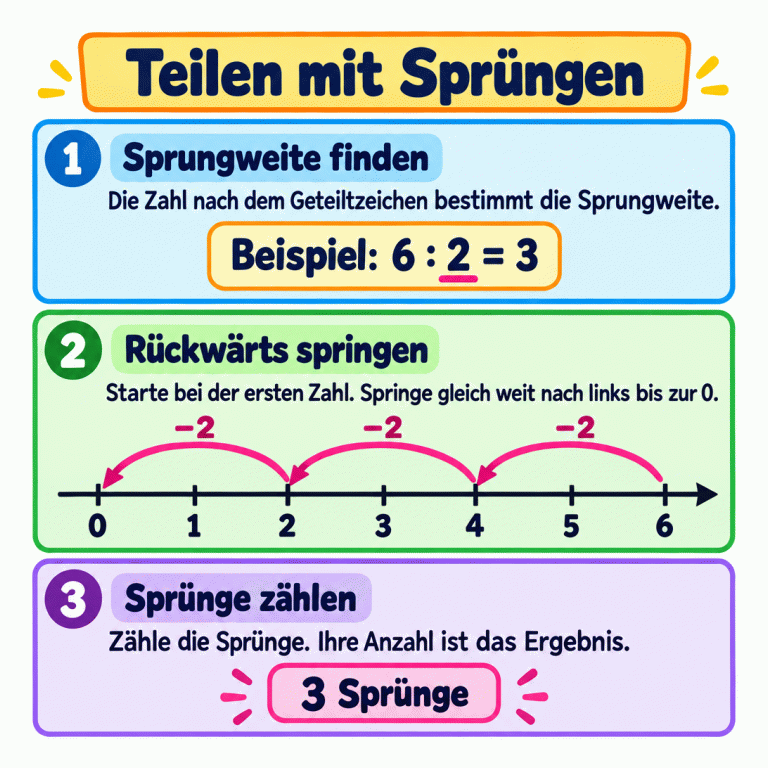 Lehrbeispiel 6 : 2 = 3. Auf einem Zahlenstrahl führen drei gleich weite Sprünge nach links von 6 über 4 und 2 bis 0. Jeder Sprung zieht 2 ab. Die Anzahl der Sprünge ist 3 und damit das Divisionsergebnis. Teilen mit Sprüngen Sprungweite finden: Die Zahl nach dem Geteiltzeichen bestimmt die Sprungweite. Rückwärts springen: Starte bei der ersten Zahl. Springe gleich weit nach links bis zur 0. Sprünge zählen: Zähle die Sprünge. Ihre Anzahl ist das Ergebnis. Beispiel: 6 : 2 = 3 1 2 3 4 5 6 −2 3 Sprünge 1 2 3