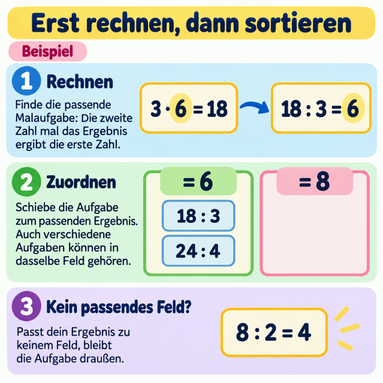 Erst rechnen, dann sortieren. Im Beispiel zeigt die Malaufgabe 3 mal 6 gleich 18, dass 18 geteilt durch 3 gleich 6 ist. Die Aufgaben 18 : 3 und 24 : 4 gehören beide zum Ergebnisfeld 6. Das zweite Feld trägt den Ergebniswert 8. Die richtig berechnete Aufgabe 8 : 2 = 4 bleibt unzugeordnet, weil hier kein Ergebnisfeld für 4 angeboten wird. Erst rechnen, dann sortieren Rechnen: Finde die passende Malaufgabe: Die zweite Zahl mal das Ergebnis ergibt die erste Zahl. Zuordnen: Schiebe die Aufgabe zum passenden Ergebnis. Auch verschiedene Aufgaben können in dasselbe Feld gehören. Kein passendes Feld?: Passt dein Ergebnis zu keinem Feld, bleibt die Aufgabe draußen. Beispiel 3 · 6 = 18 18 : 3 = 6 = 6 = 8 18 : 3 24 : 4 8 : 2 = 4 1 2 3
